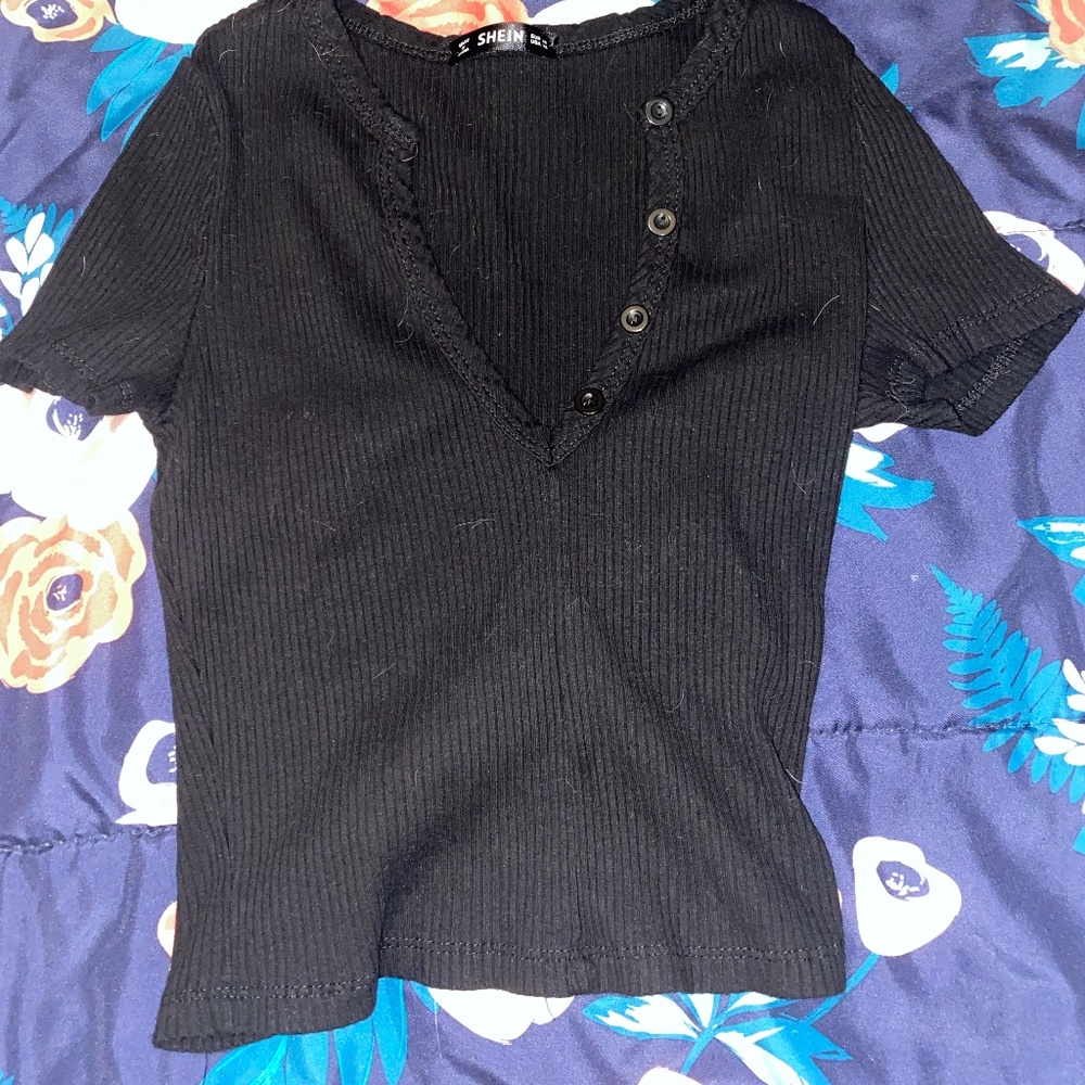 Black Button V-Neck Crop Top